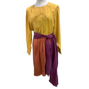 Size 10 Pat Argenti Silk Dress Tri Color Sash Waist Long Sleeve Knee Length